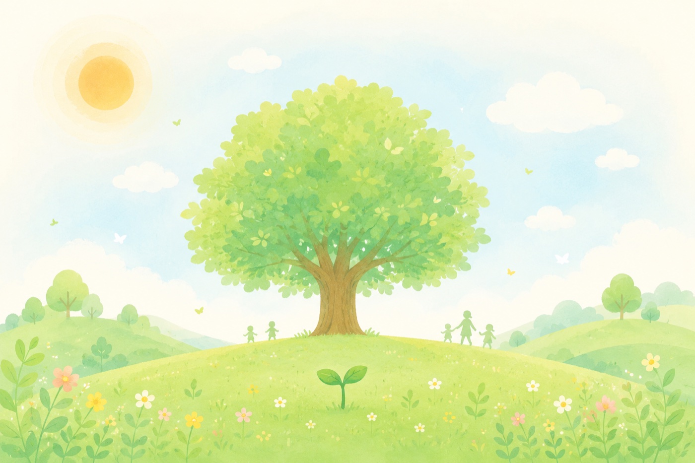わかばこどもクリニックのイラスト:緑の丘に立つ大きな木と双葉、やさしい太陽、遊ぶ子どもたちの風景