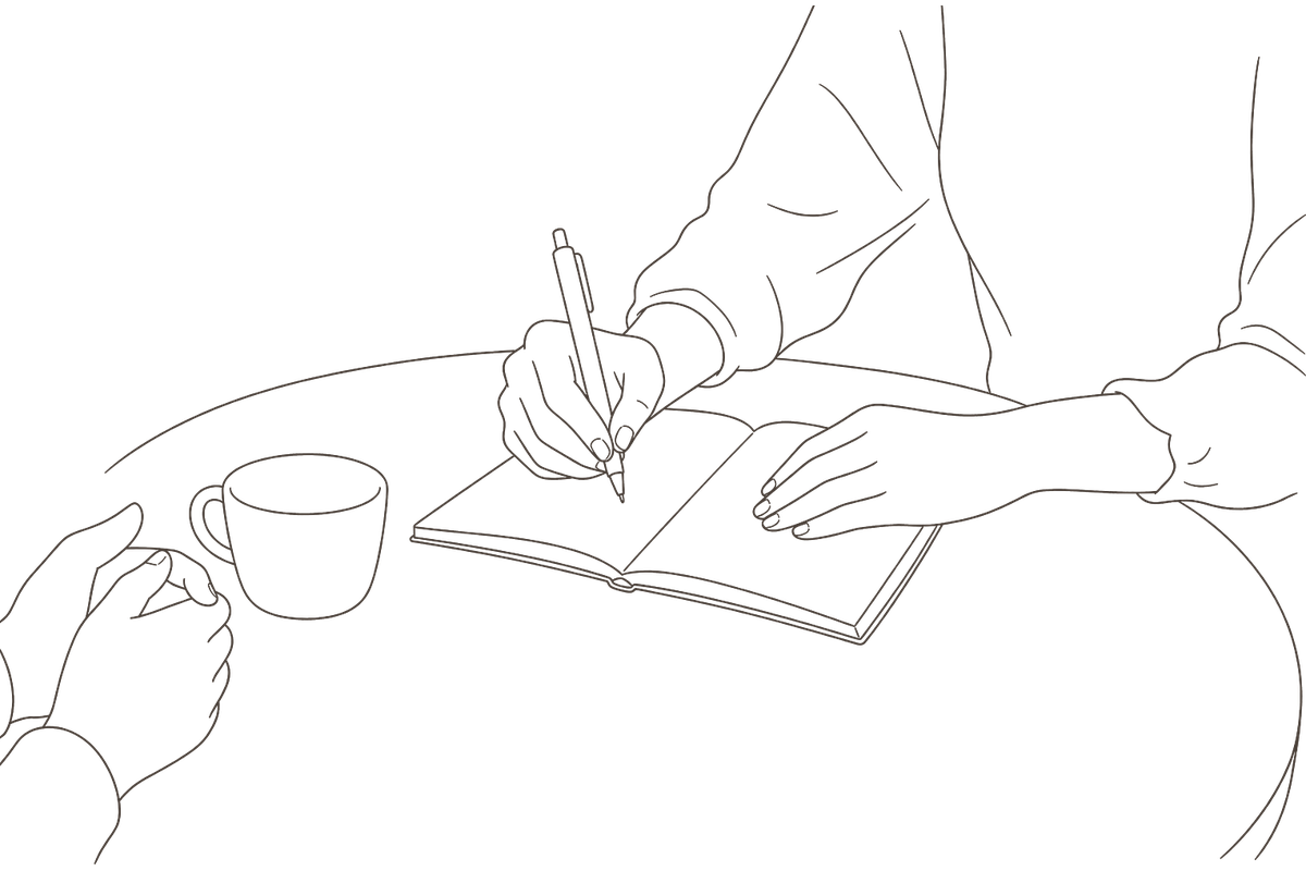話を聞きながら、ノートに書きとめている手元のイラスト