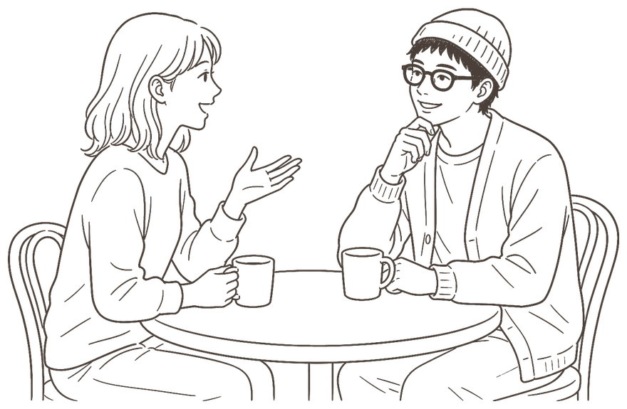 テーブルを挟んでお客様の話をうかがう運営者の線画イラスト