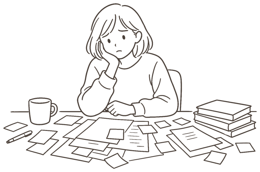 散らかった机で少し困っている人の線画イラスト