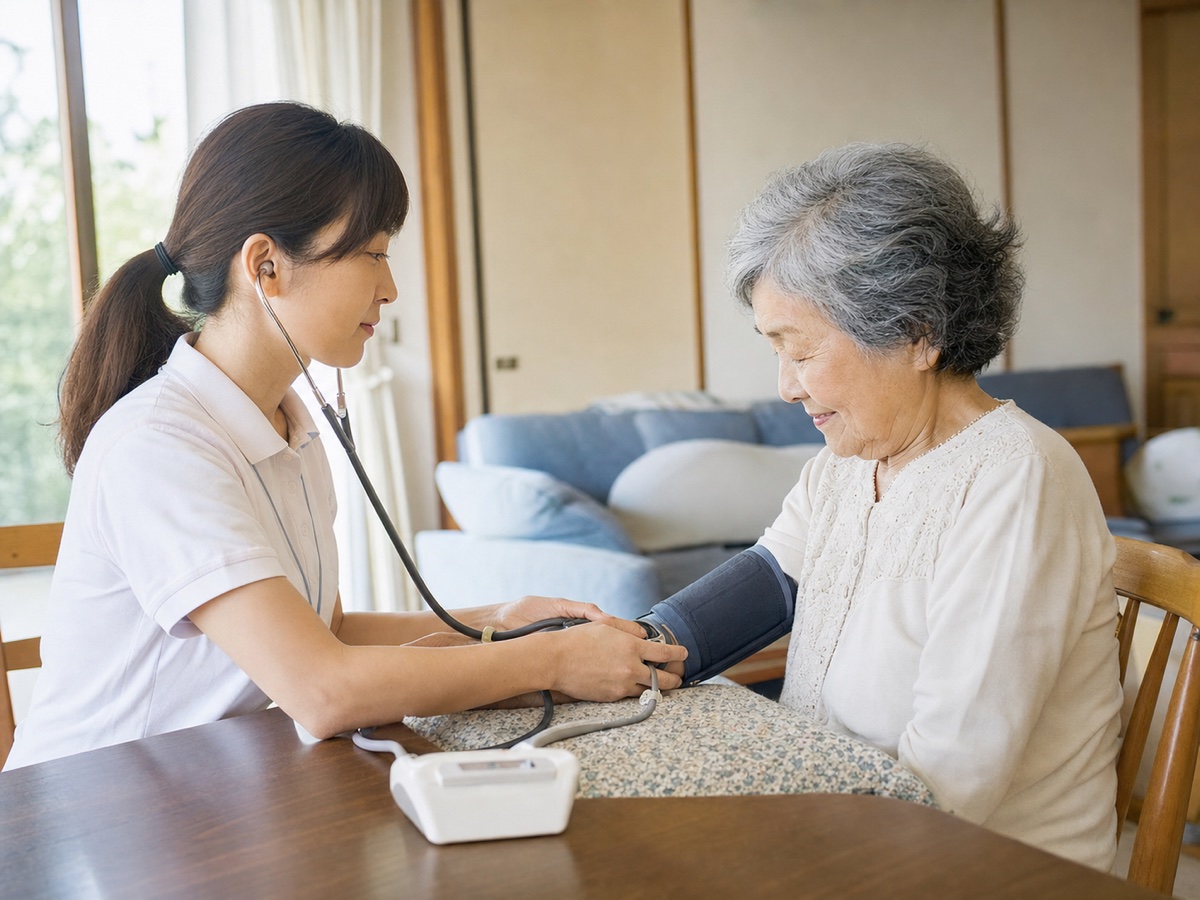 自宅で健康状態を確認する訪問看護のケアの様子