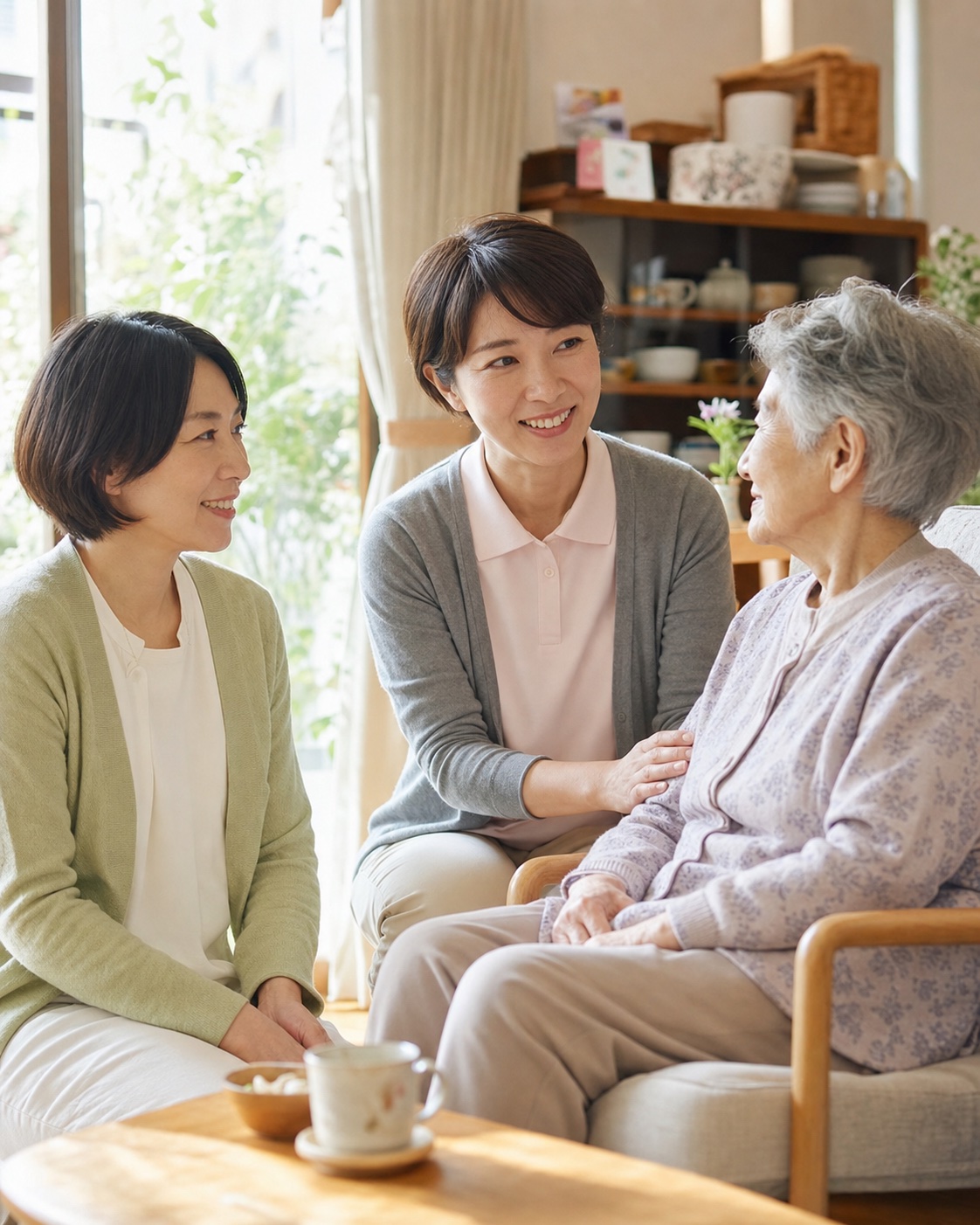 訪問看護師が自宅で利用者とご家族に寄り添う様子