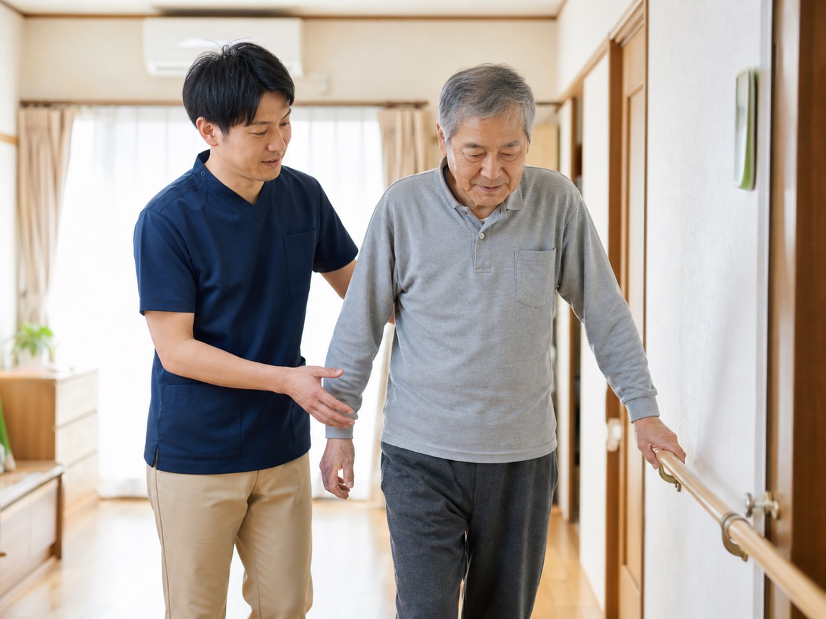自宅での歩行リハビリを支える様子